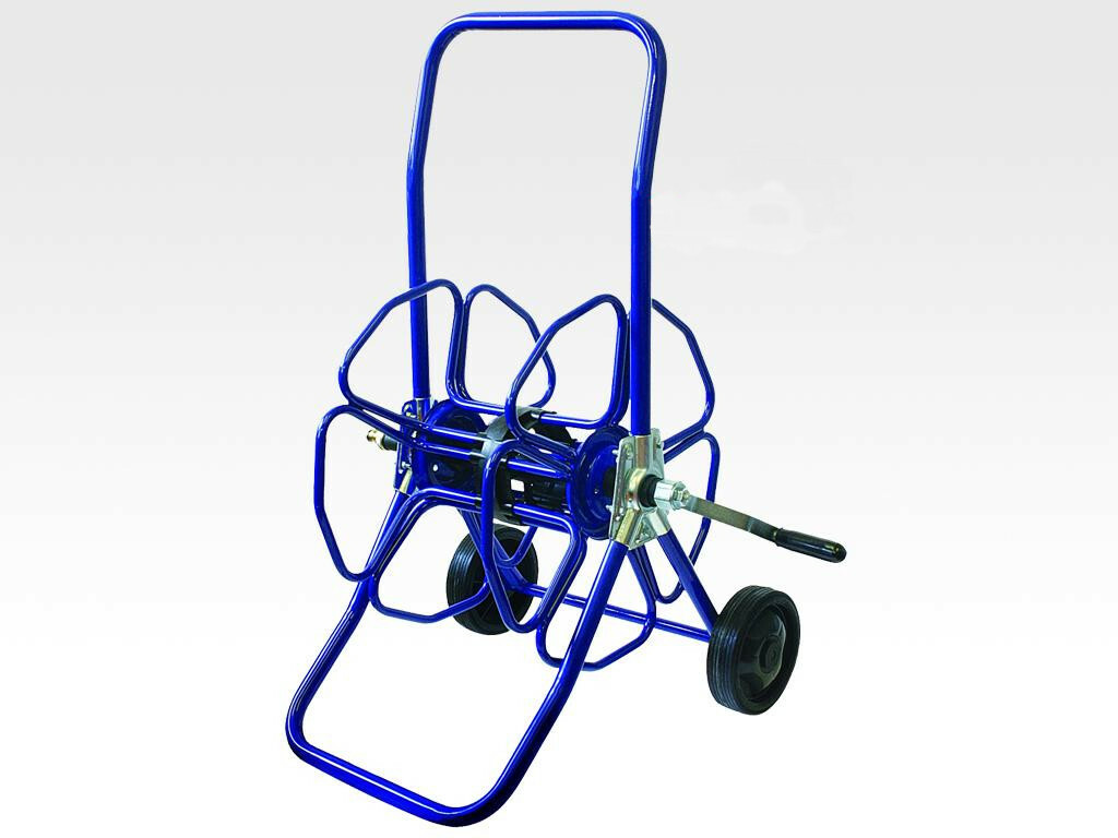 Blue Heavy Duty Metal Hose Reel With Wheels - Full Clean Centre